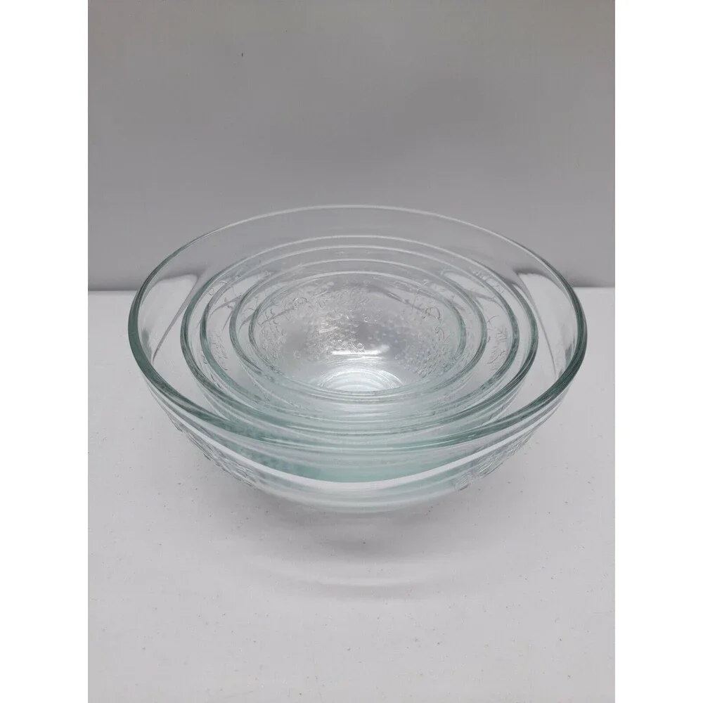 Set of 5 Clear Glass Nesting Bowls & Green Lids Grape Design
